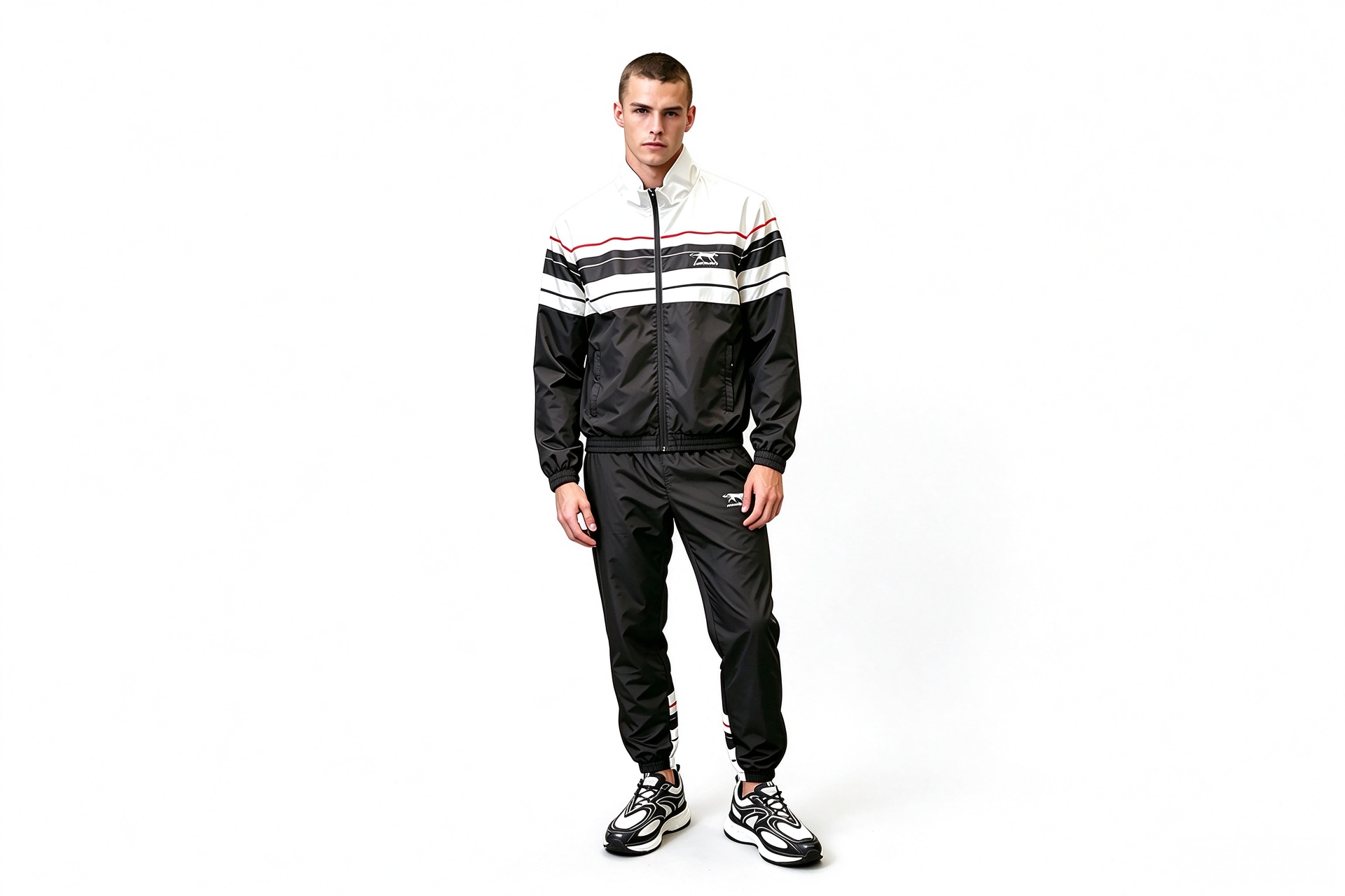 Men’s Retro Striped Nylon Tracksuit, Black White Colour Block Windbreaker Set