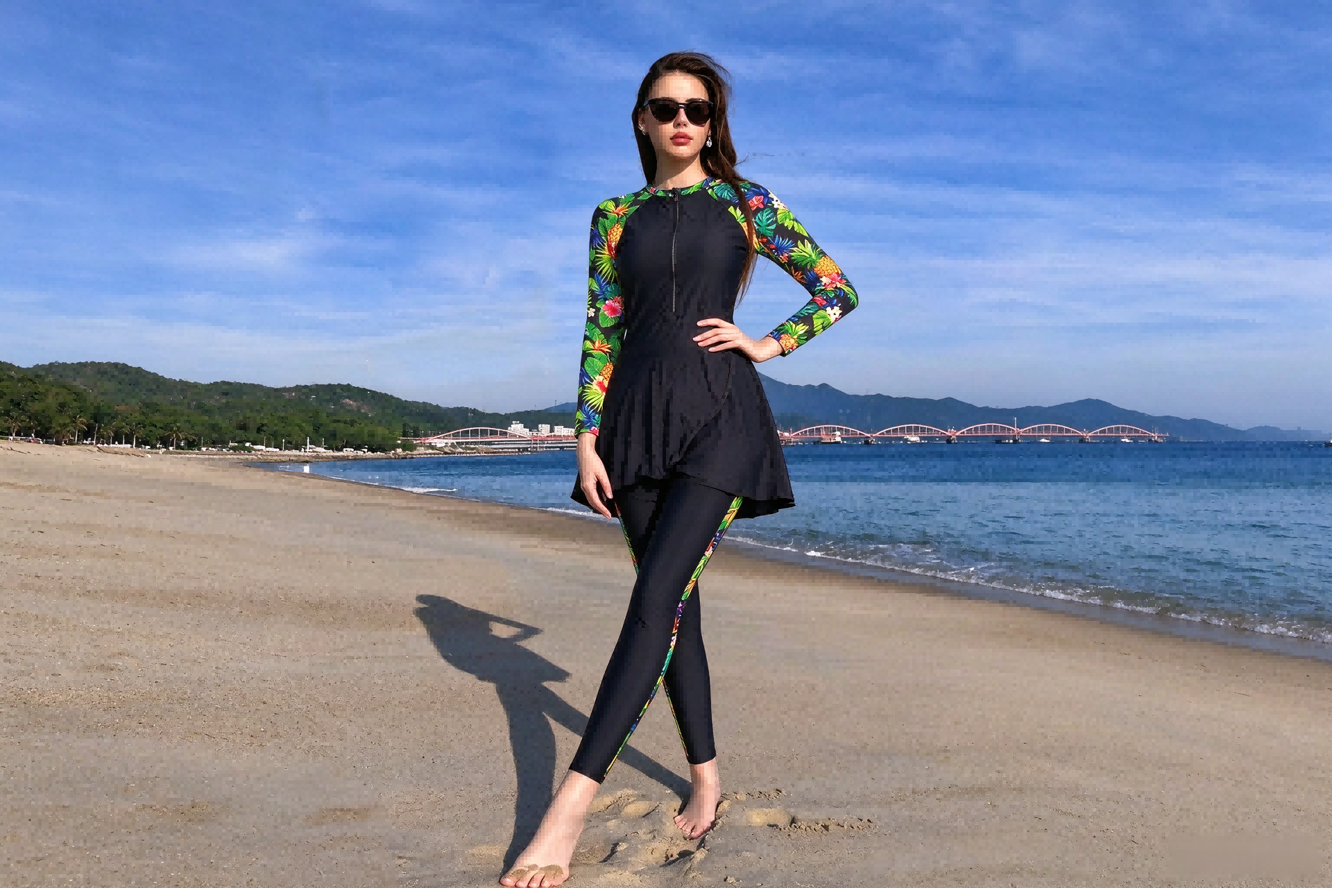 Women Tropical Floral Print Modest Burkini, Long Sleeve Zip Swim Dress with Leggings