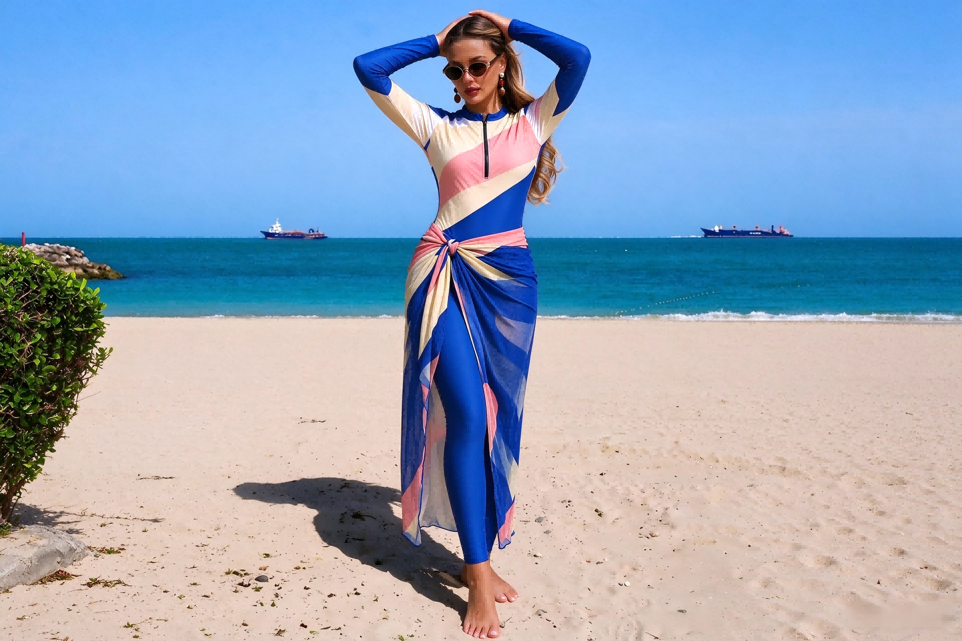 Women Color Block Burkini, Long Sleeve Zip Modest Swimsuit with Sheer Cover Up Wrap Skirt