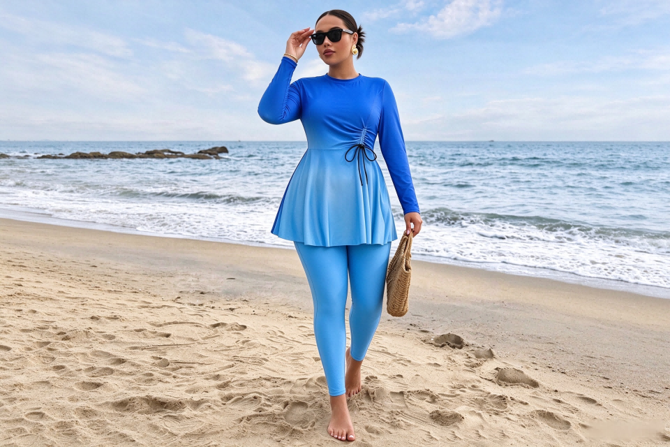Women Plus Size Gradient Modest Burkini, Long Sleeve Rash Guard Swim Dress with Leggings