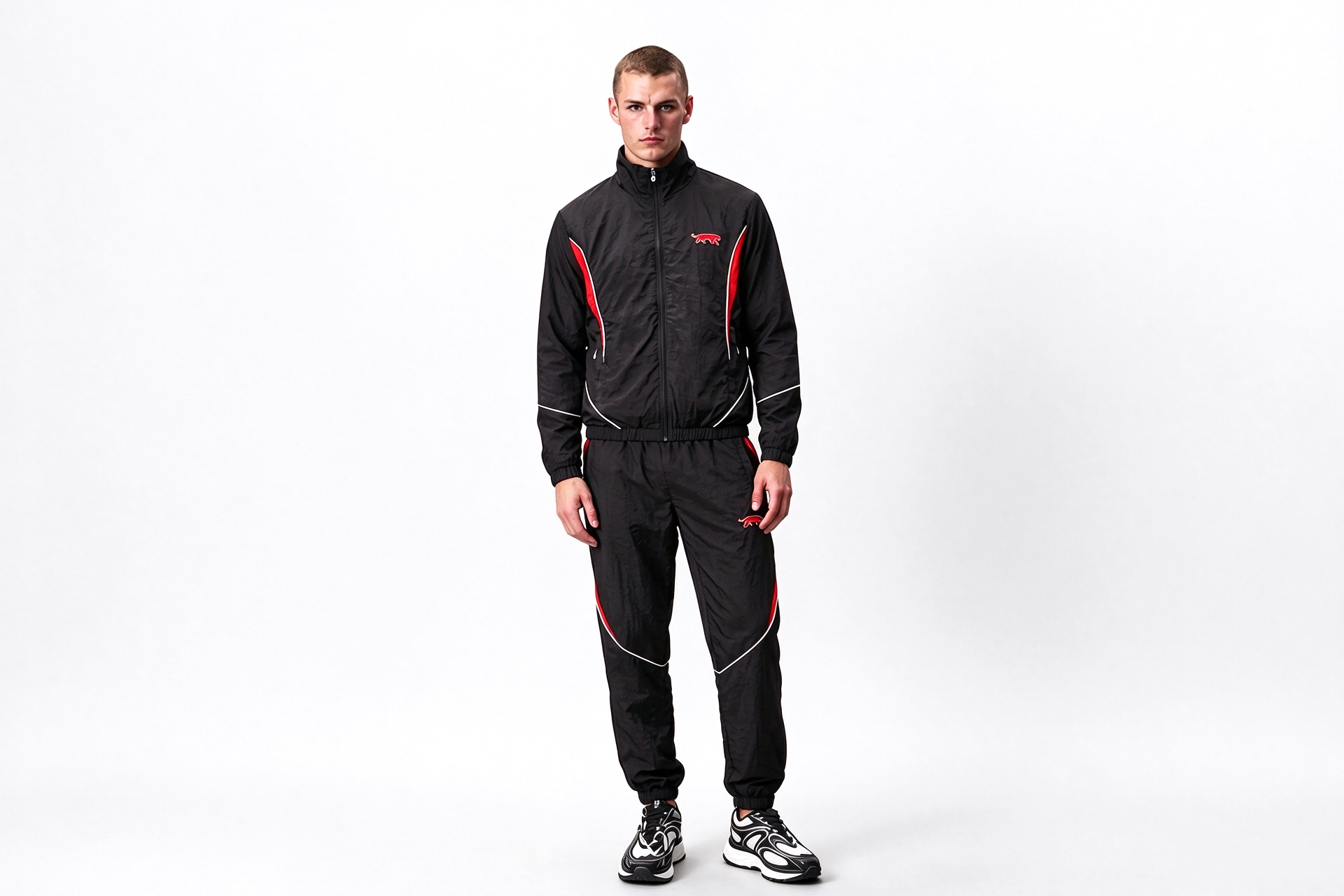 Men’s Retro Nylon Tracksuit Black Red White Contrast Windbreaker Set