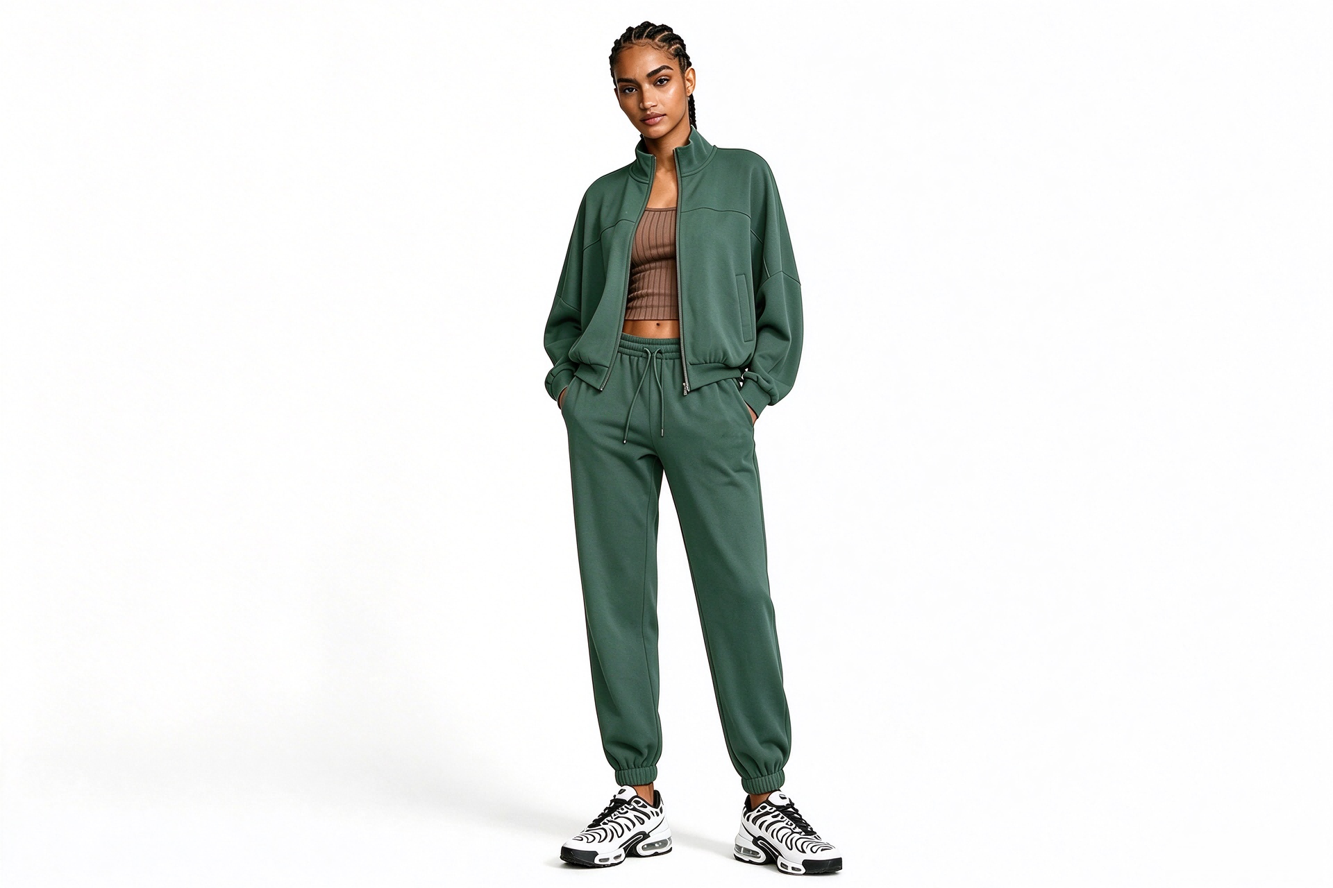 Women’s Dark Green Tracksuit, Stand Collar Zip Jacket & Jogger Set