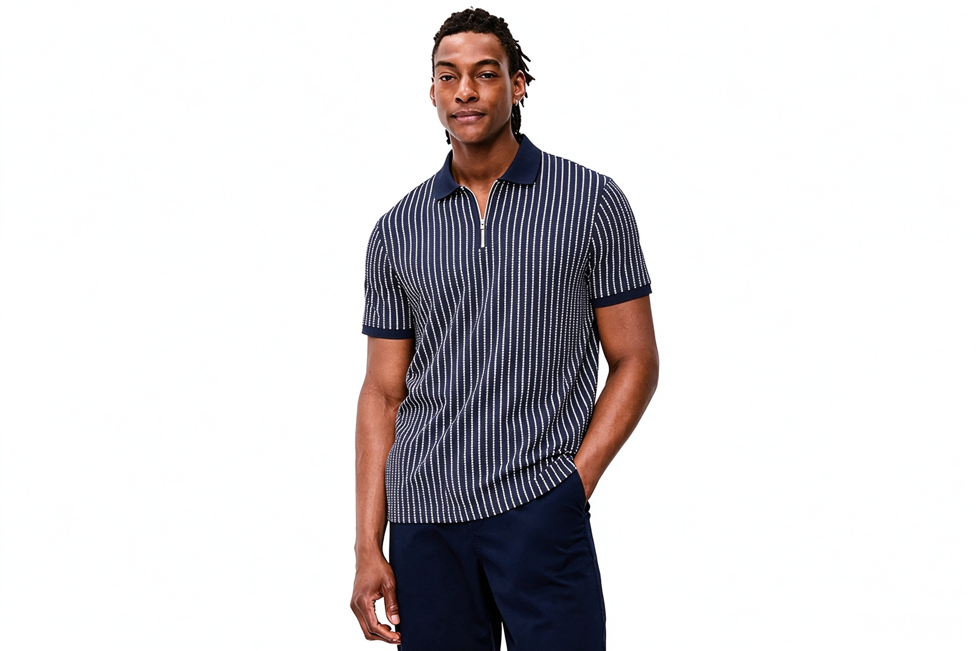 Men's Retro Stripe Half Zip Casual Polo Shirt, Textured Short Sleeve Smart Casual Top
