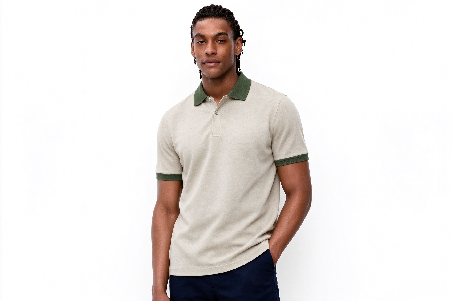 Men Contrast Collar Beige Golf Polo Shirt, Short Sleeve Casual Sports Tee