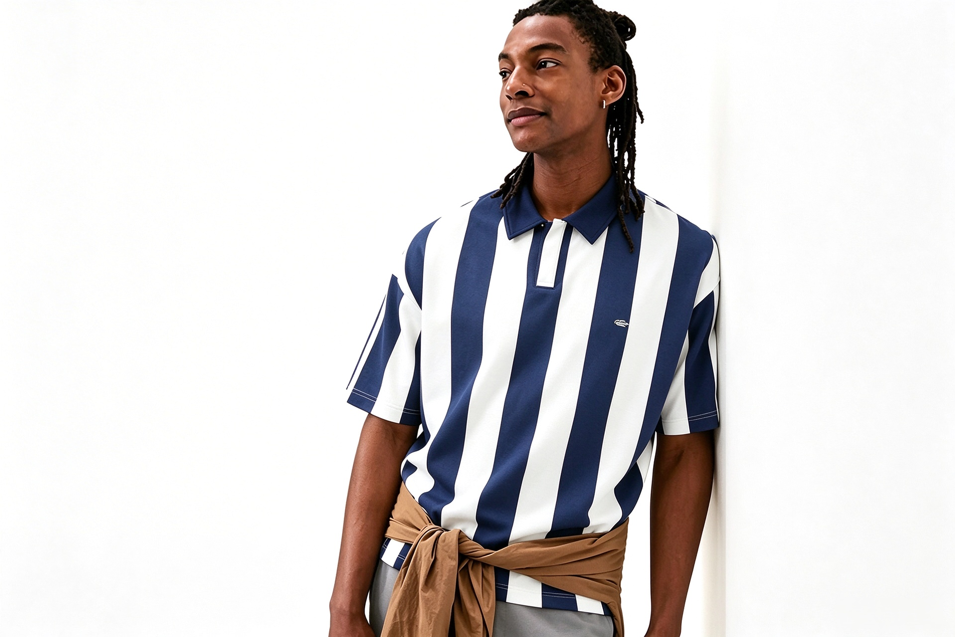 Men's Vertical Striped Short Sleeve Polo Shirt, Relaxed Fit Navy White Stripe Collared Top