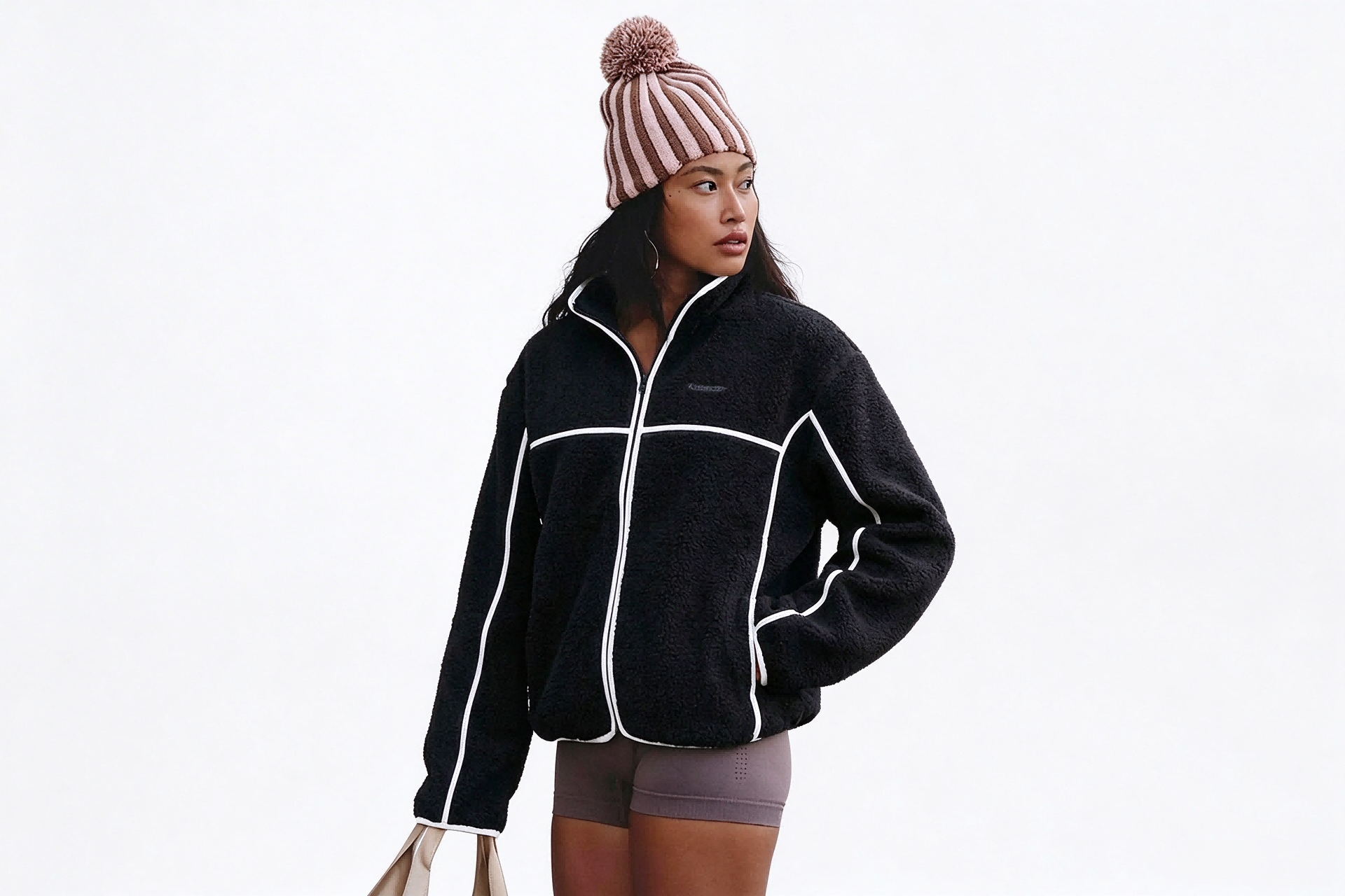 Women's Full Zip Sherpa Fleece Jacket, Contrast Piping Warm Casual Coat