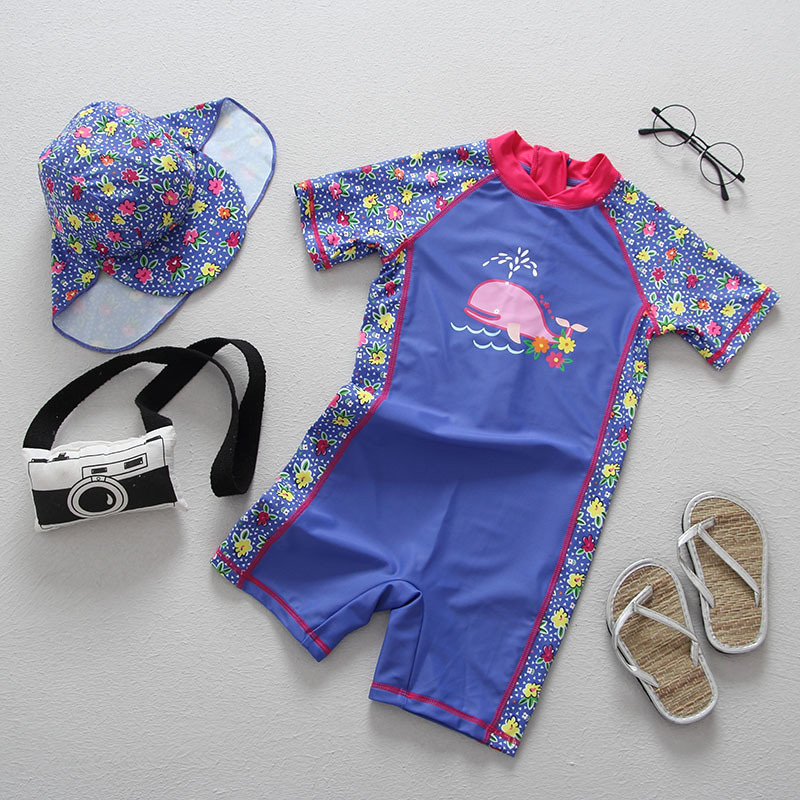 Girls 2Pcs Whale One Piece Swim Set, Short Sleeve Rash Guard + Floral Neck Flap Sun Hat