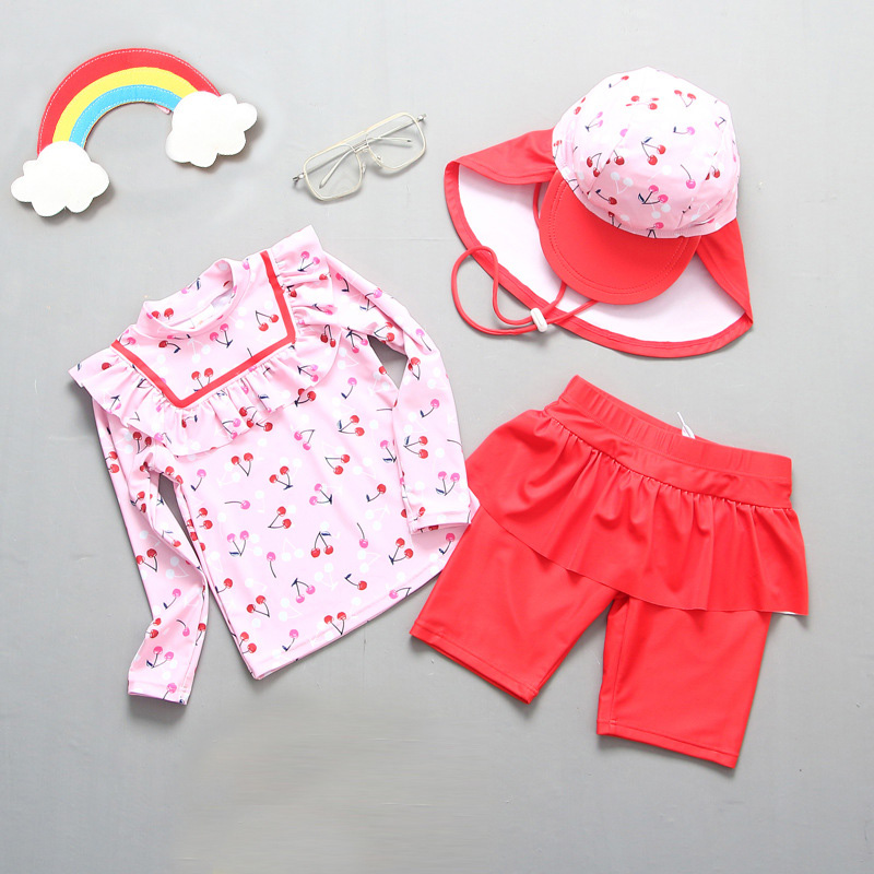 Girls 3Pcs Cherry Print Swimwear Set, Long Sleeve Ruffle Rash Guard + Skirted Shorts + Sun Hat