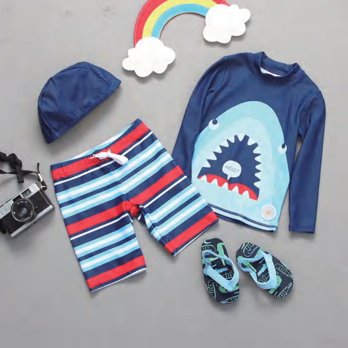Boys 3Pcs Shark Swimwear Set, Long Sleeve Rash Guard + Striped Swim Shorts + Swim Cap