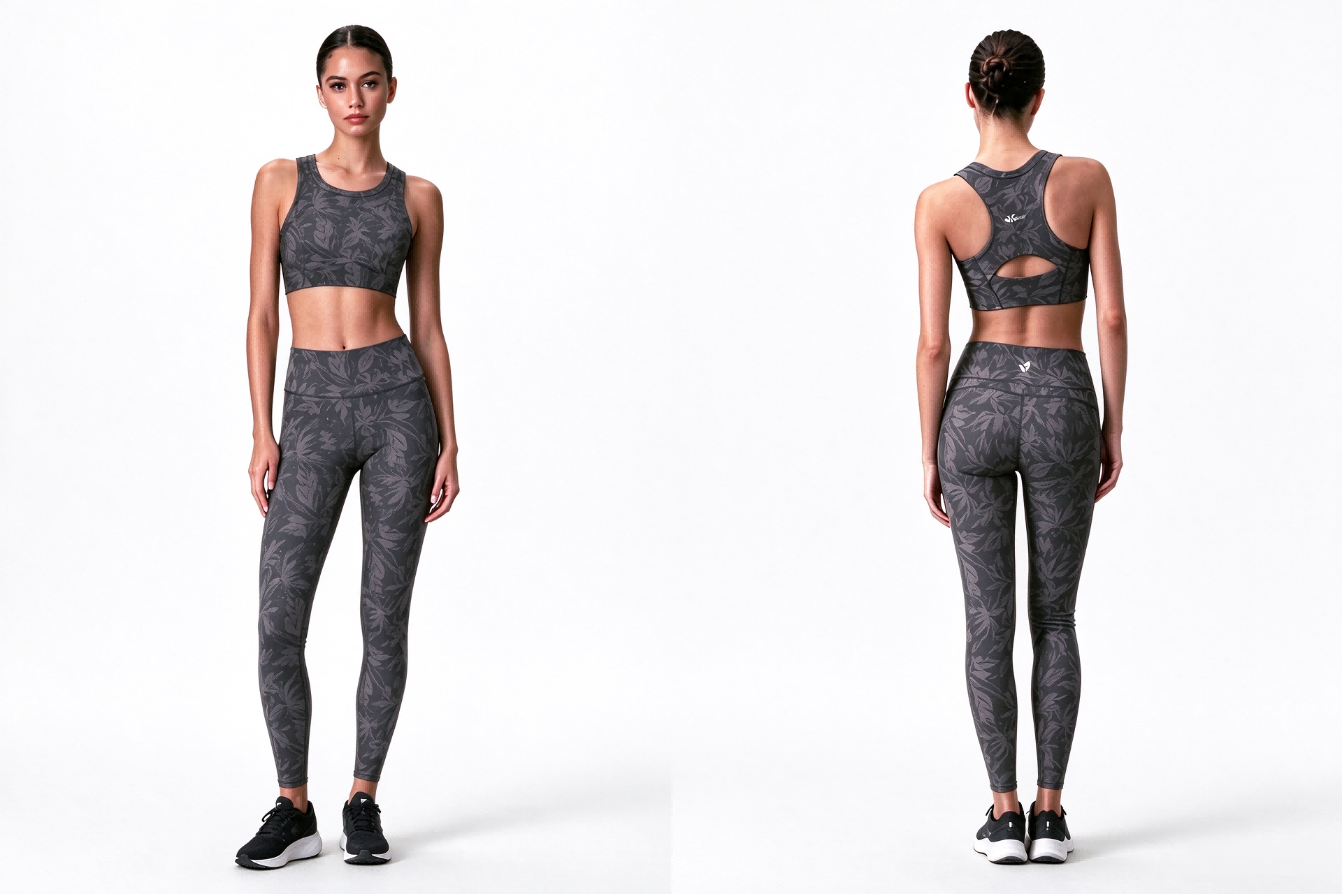 Women Dark Floral Yoga Set, Racerback Sports Bra & High Waist Leggings Workout 2 Piece Outfit