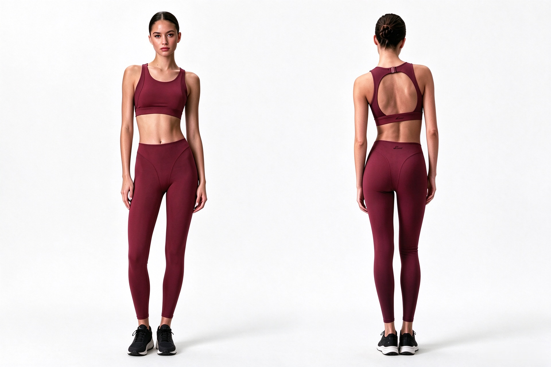 Womens Solid Burgundy Yoga Set, Back Buckle Sports Bra & High Waist Leggings 2 Piece Workout Outfit